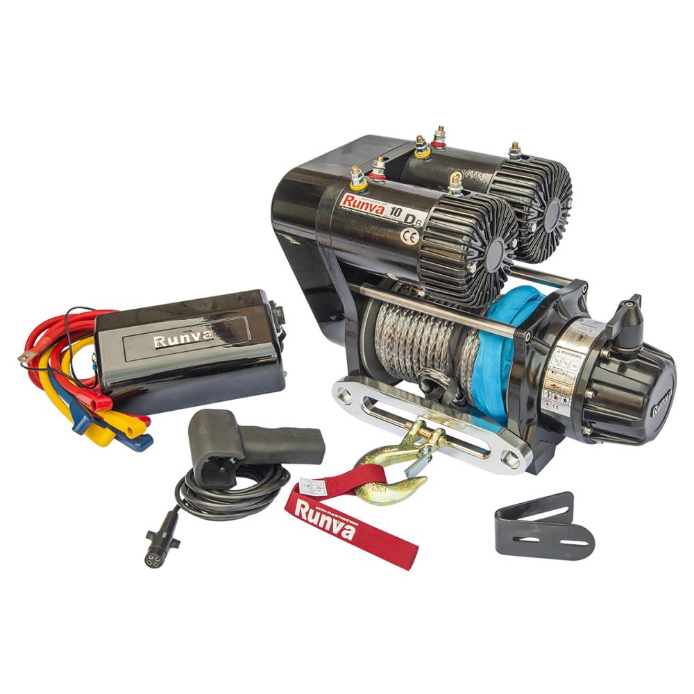 Лебёдка электрическая 12V Runva 10000 lbs 4500 кг двухмоторная (синтетический трос)